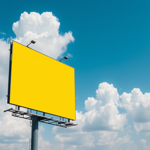 a blank yellow billboard against a clear blue sky with fluffy white clouds, shot with a DSLR camera at f/8 aperture, 50mm lens, ISO 100, in a wide-angle view for enhanced detail and clarity