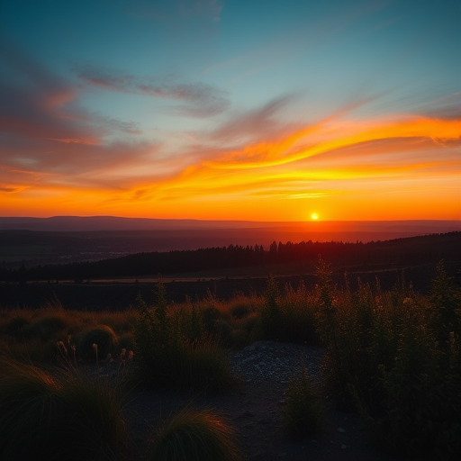 Create an image of a serene landscape at sunrise with vibrant colors, using a DSLR camera with a 24mm lens, aperture f/8, ISO 200, and a wide-angle view, enhancing clarity and detail.