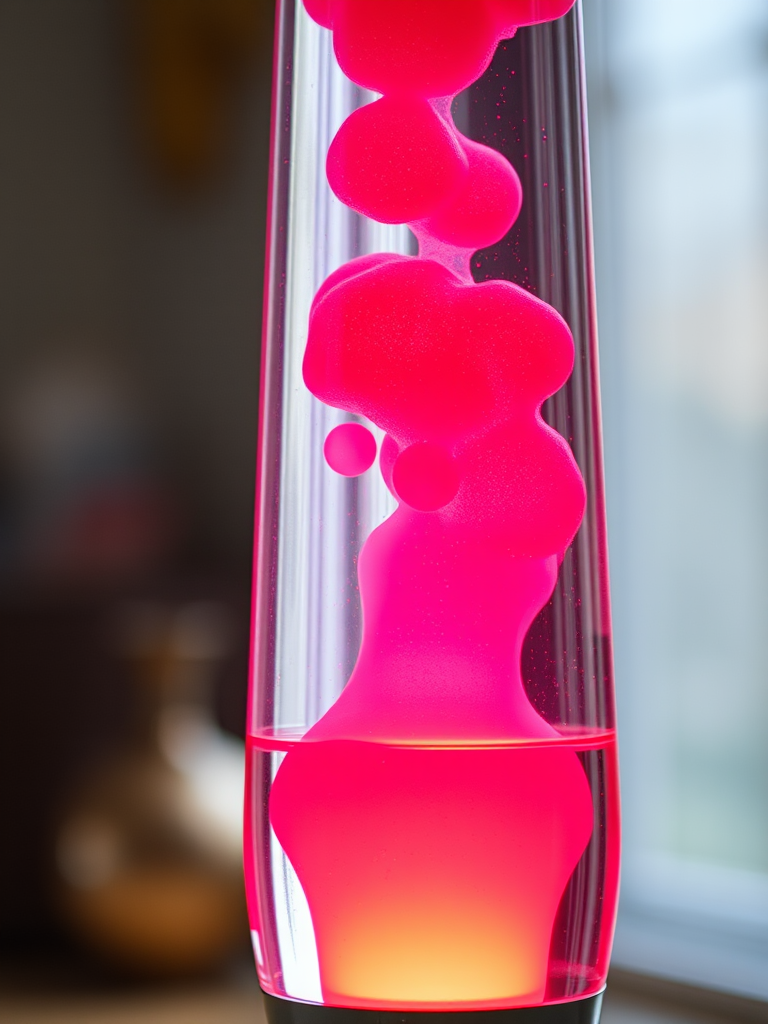 Capture a close-up shot of a lava lamp with vibrant red bubbles rising in clear liquid, using a Canon EOS R5 camera, 50mm lens, f/1.8 aperture, 1/60s shutter speed, and ISO 100, with a soft focus background and natural lighting to enhance the colors and details.
