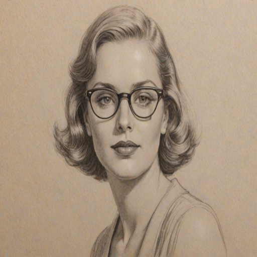 Stunning Diane Farr, pencil sketch, portrait of Resplendent woman 1931s in glasses, hair style beatnik, outline, clear lines, fine lines, 8k