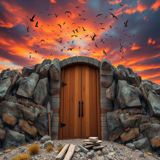 Create an image of a large wooden door set into a rocky mountain with a dramatic sunset sky filled with flocks of birds, shot with a DSLR camera at f/8 aperture, 1/250 sec shutter speed, ISO 100, 24mm focal length, high dynamic range for enhanced details and vivid colors.