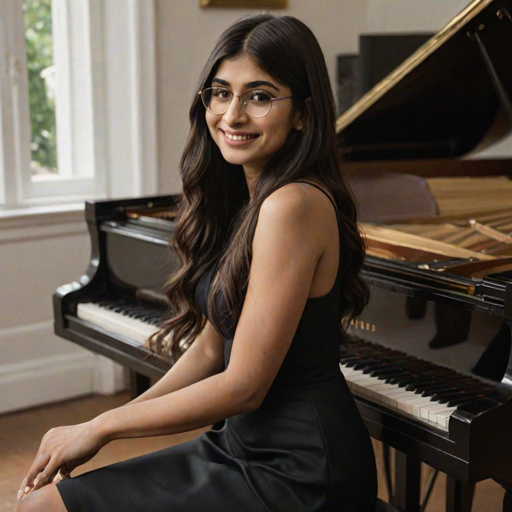 A mia khalifa with long, dark hair smiles at the viewer as she sits at a grand piano, her right hand poised over the keys. The scene is lit by warm, natural light, highlighting the elegant simplicity of the woman's black dress. The perspective is from the side, emphasizing the contrast between the woman's delicate form and the grand scale of the piano. The ivory keys and dark wood of the piano create a striking visual contrast, further emphasized by the rich black of her dress.