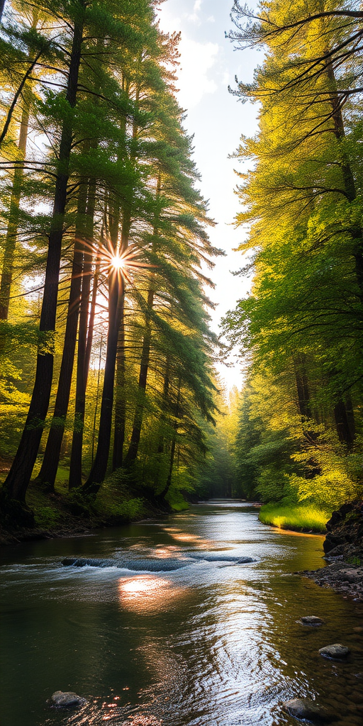 Create an image of a serene, sunlit forest scene with a clear, gently flowing river. Tall trees with lush green foliage line both sides of the river, their leaves bathed in the warm golden light of the setting or rising sun. The sunlight filters through the trees, casting soft, dappled light on the river, which flows over smooth rocks and pebbles, creating a peaceful, natural atmosphere. The sky is bright with a few scattered clouds, and the overall mood is tranquil, evoking a deep sense of connection with nature. The image captures the beauty of a calm, pristine forest landscape at either dawn or dusk.