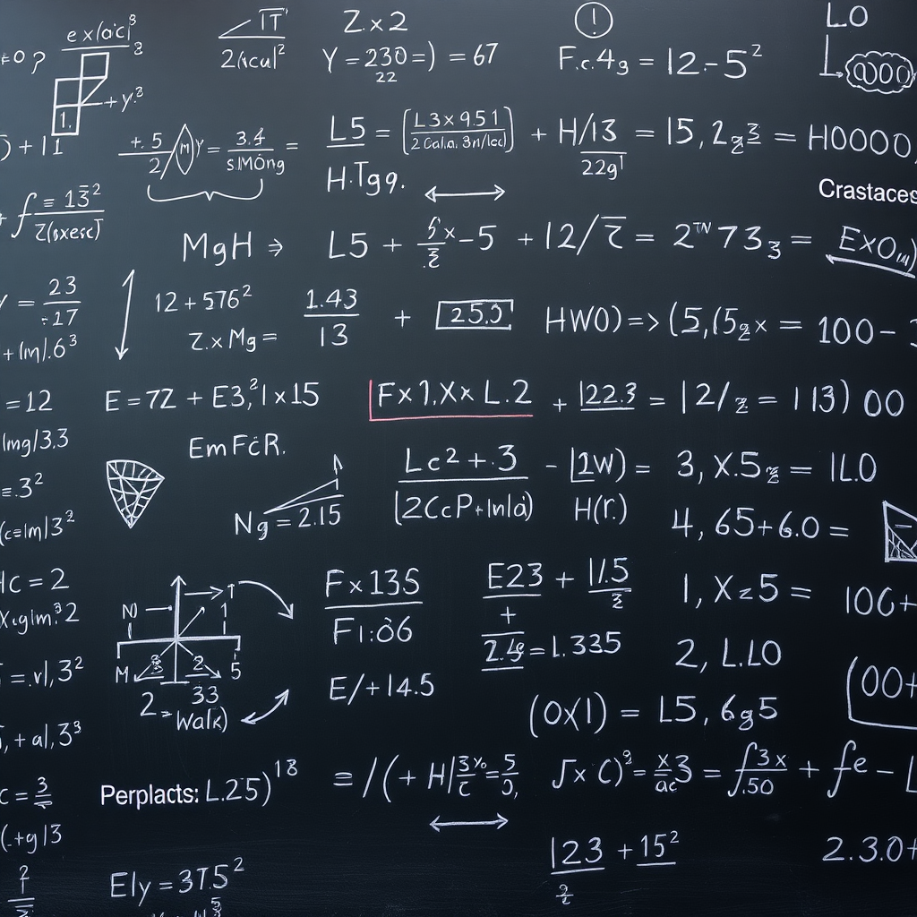 A blackboard filled with mathematical symbols and equations, captured with a Canon EOS R5 at f/4, 1/60s, ISO 100, 24mm lens, in a shallow depth of field, top-down angle, natural lighting.