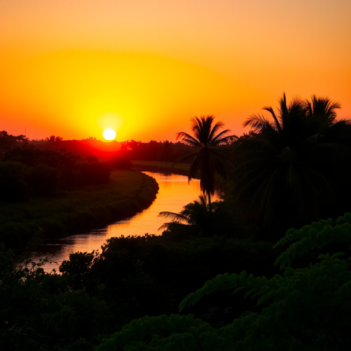 capture a vibrant sunset over a serene waterway surrounded by lush greenery with silhouettes of palm trees in the foreground, use a DSLR camera with a 35mm lens, aperture f/8, ISO 200, shutter speed 1/60s, golden hour lighting, focus on the sunset and reflections on the water