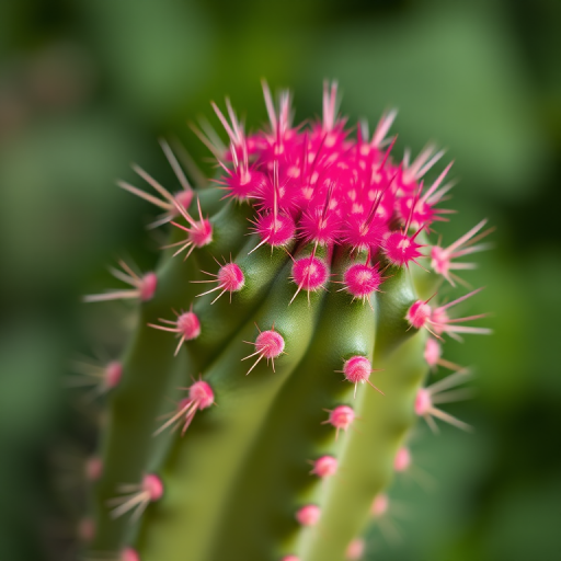 Close-up of a vibrant cactus with textured spikes in a blurred green background, shot using a Canon EOS 5D Mark IV, ISO 100, aperture f/2.8, 50mm lens, natural light, shallow depth of field.