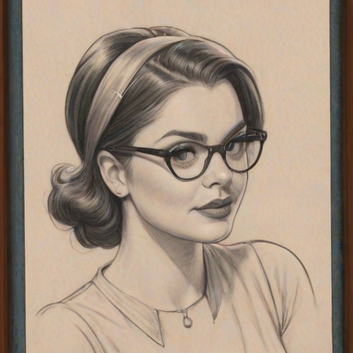 Resplendent Ariel Winter, pencil sketch, portrait of Resplendent woman 1937s in glasses, hair style beatnik, outline, clear lines, fine lines, 8k