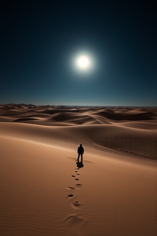 A lone figure in a vast desert landscape at night with a full moon illuminating the scene, surrounded by gently rolling sand dunes, captured with a DSLR camera at f/8, ISO 100, 24mm lens, long exposure for enhanced clarity and depth, emphasizing the contrasts between shadows and moonlight.