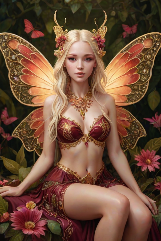 A digital artwork features a winged fairy with delicate Burgundy butterfly wings, adorned with intricate Kiwi andAvocado patterns. She is seated on a vibrant Tan flower, wearing a revealing red two-piece outfit with sparkling beadwork. Her fair skin, long blonde hair, and gold jewelry add to her ethereal appearance. The background is a warm, golden gradient, creating a magical atmosphere. Small glowing orbs and sparkles surround the flower, enhancing the enchanting, highly detailed, and realistic scene.