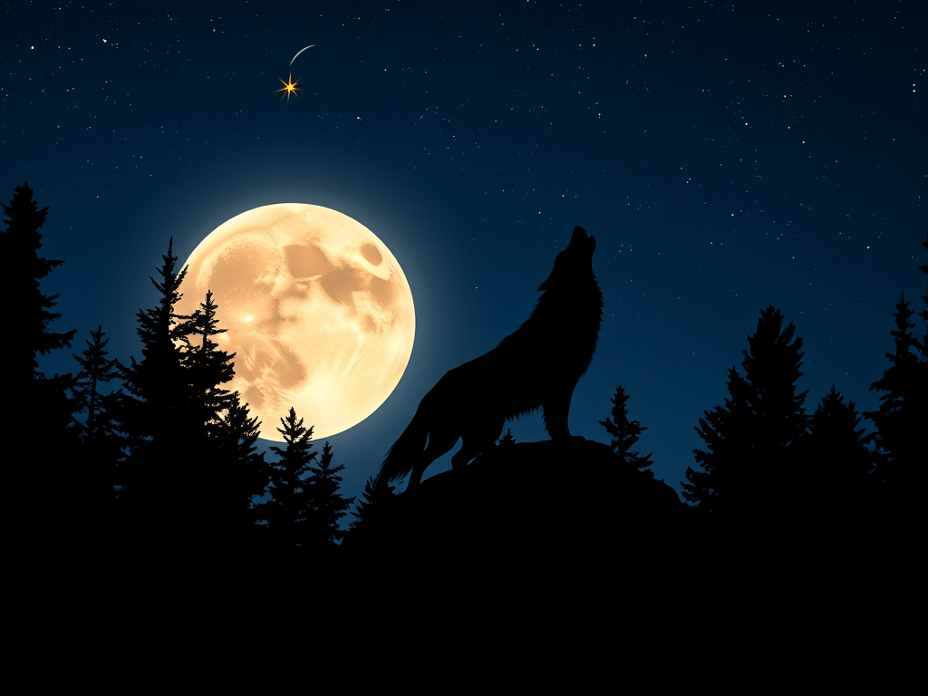 Create a silhouette of a howling wolf on a rocky outcrop against a large glowing moon, surrounded by dark coniferous trees under a starry night sky with a shooting star, using a DSLR camera with a 50mm lens, aperture f/1.8, ISO 100, at a low-angle view to emphasize the moon and wolf.