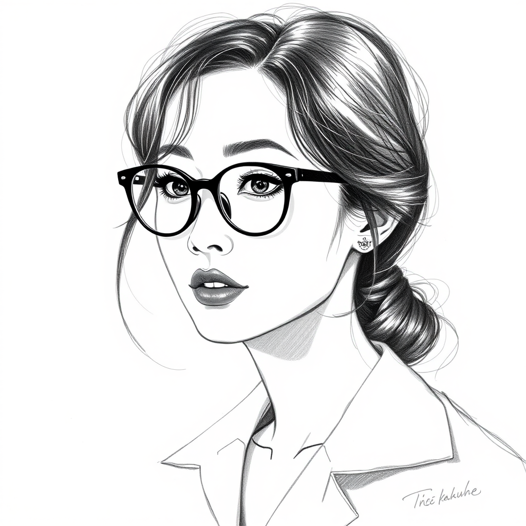 Beauteous Eleanore Matsuura, pencil sketch, portrait of Captivating woman 1944s in glasses, hair style beatnik, outline, clear lines, fine lines, 8k