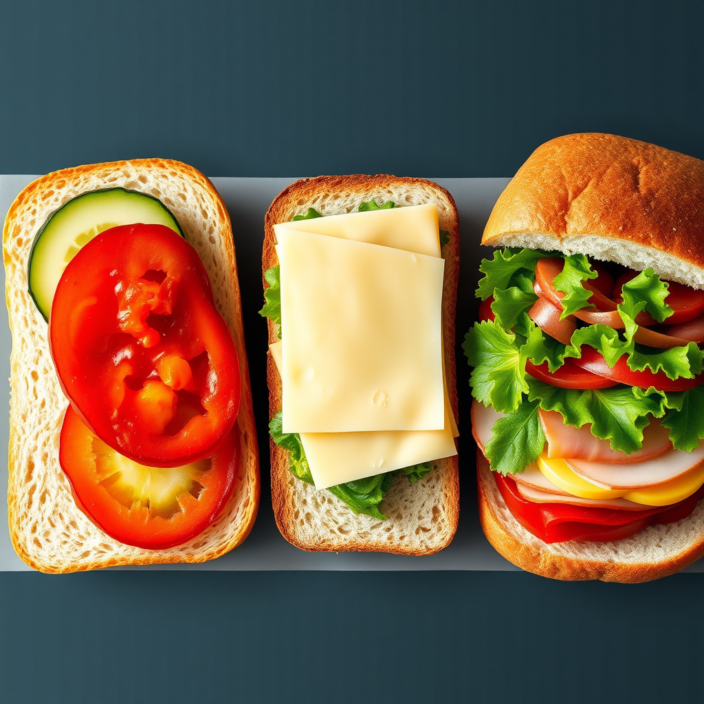 Create a vibrant, high-resolution illustration of three sandwiches: one with cucumber on white bread, one with cheese and lettuce, and a sub sandwich with layered meats and vegetables, using a DSLR camera with a 50mm lens, f/2.8 aperture, 1/100 sec shutter speed, natural lighting, top-down view, and crisp focus for enhanced detail.