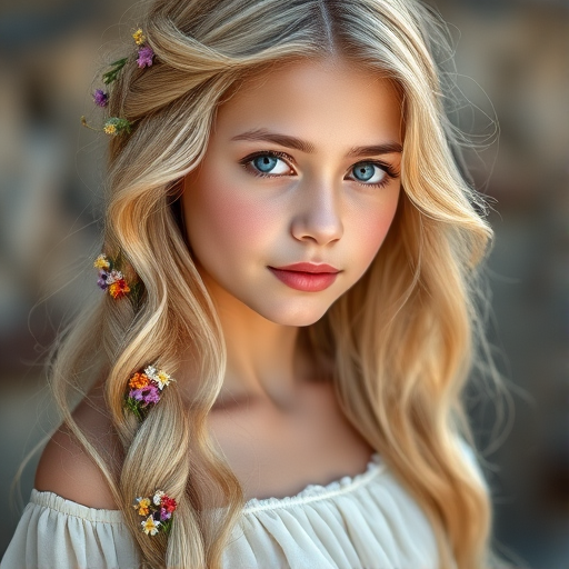 Create an image of a young Kyrgyz woman with long, wavy blonde hair, adorned with small, colorful flowers woven into her braids and loose strands. Her complexion is fair, with soft, glowing skin, and she has light blue eyes that gaze softly at the viewer. She wears a light, flowing dress with a gentle, ethereal quality, complementing her delicate and serene appearance. The background is slightly blurred, drawing focus to her tranquil expression and the intricate details of the flowers in her hair. The overall mood of the image is one of natural beauty and grace, evoking a sense of peacefulness and connection with nature.
