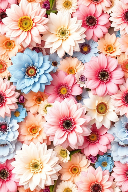 floral pattern with a mix of pastel flowers in soft pink, peach, and blue tones, seamless design, natural light, macro photography, aperture f/2.8, ISO 100, 50mm lens, high resolution