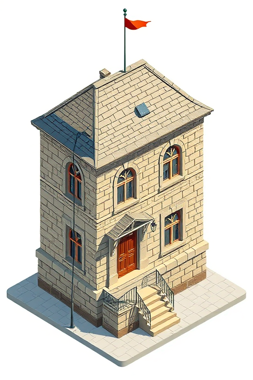 Create a high-resolution isometric illustration of a detailed stone building with two levels, featuring a sloped roof and a flag on top, with intricate window designs and a staircase leading to the entrance, captured with a Canon EOS R5, 50mm lens, f/8 aperture, ISO 100, and pleasing natural daylight to enhance clarity and depth.