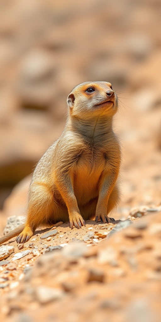Mongoose sitting on a rocky surface, natural lighting, 50mm lens, f/5.6 aperture, ISO 100, 1/200s shutter speed, depth of field focused on the mongoose, DSLR camera, vibrant colors and sharp detail.