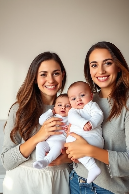 Capture a portrait of two smiling women holding babies in a minimalistic setting, using a 50mm lens, aperture f/2.8, ISO 200, soft natural lighting, shallow depth of field, and shot from eye level with a DSLR camera.