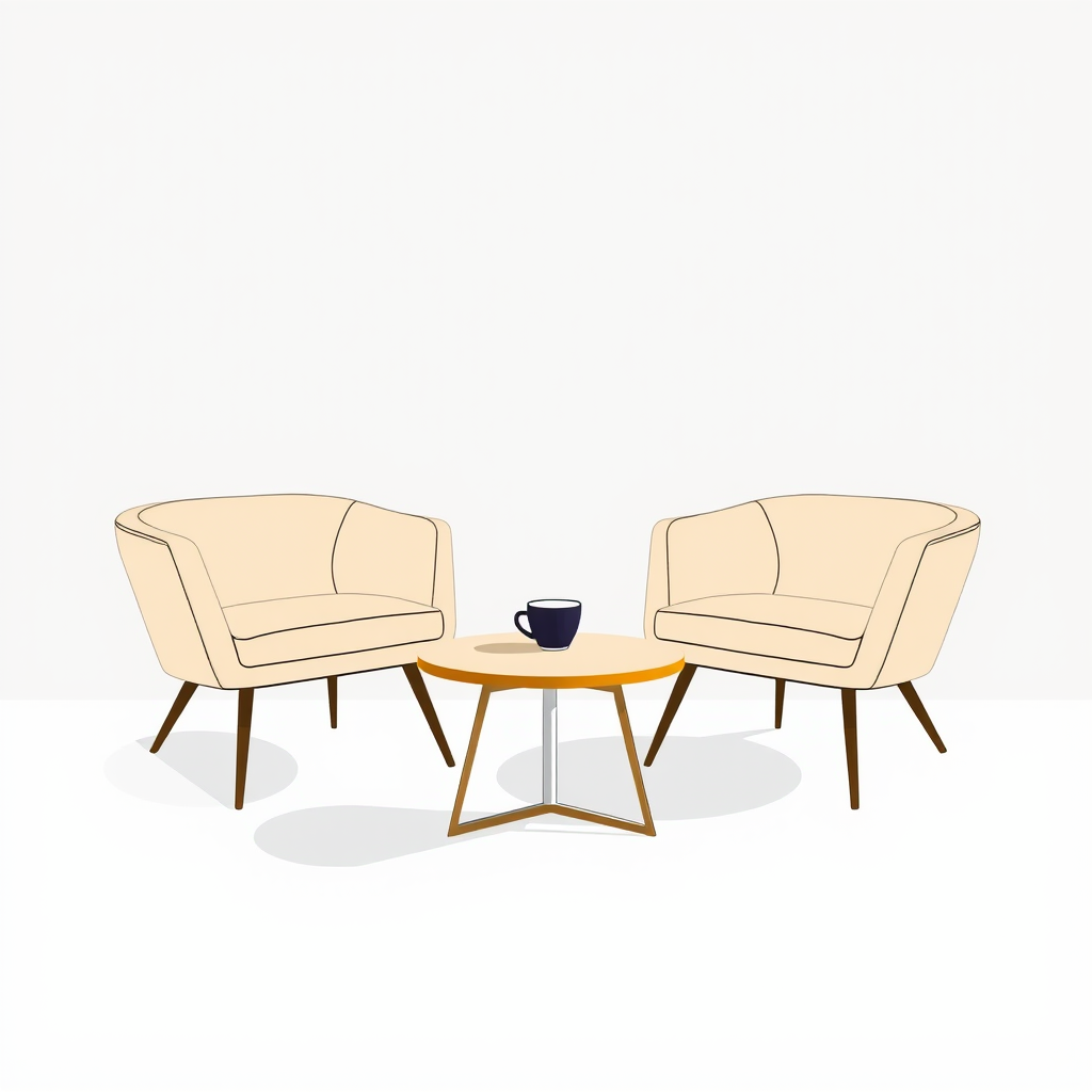 generate a digital illustration of two stylish armchairs and a round table with a coffee cup, use a high-quality camera setting with a focal length of 50mm, aperture set to f/2.8, a depth of field effect, captured from a slightly elevated angle, using a digital camera in a modern and clean style for enhanced image quality