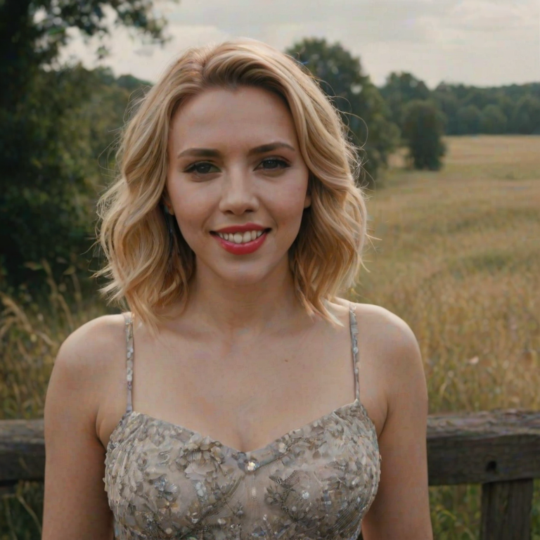 subtle grain, cinematic quality, professional portrait of scarlett johansson, dress, makeup, blonde hair, fine art photography, film still, movie scene, outdoors, smile,