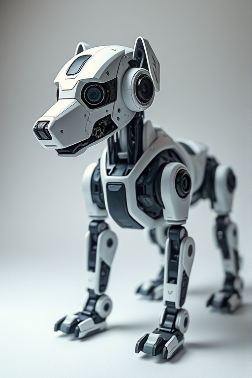 Create a highly detailed illustration of a robotic dog with intricate mechanical features, captured using a DSLR camera at f/8 aperture, ISO 100, 24mm lens, with a shallow depth of field to enhance focus on the robot while softening the background, in a clean studio lighting setup.