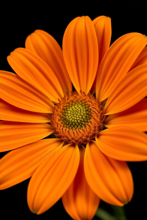 macro shot of a vibrant orange flower with intricate details in the center, natural lighting, aperture f/2.8, ISO 100, shutter speed 1/200s, 50mm lens, taken with a DSLR camera, focus on flower's texture and colors against a black background