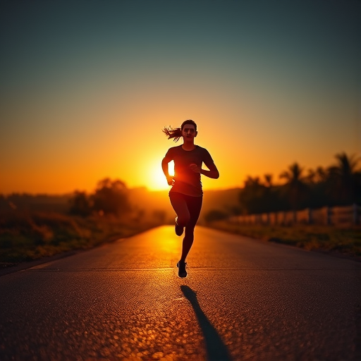 Capture a dynamic scene of a runner in motion during sunset, emphasizing the energy radiating from their figure, with a shallow depth of field, f/2.8 aperture, ISO 100, 1/500 sec shutter speed, shot with a full-frame DSLR in vibrant colors and high contrast.