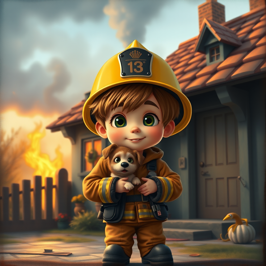 airbrushed oil painting, pixar style, cute little boy in fireman gear, helmet, tousled hair, expressive eyes, standing in the doorstep of a cottage burning behind him, holding a cute little dog in his arm, atumn sky
