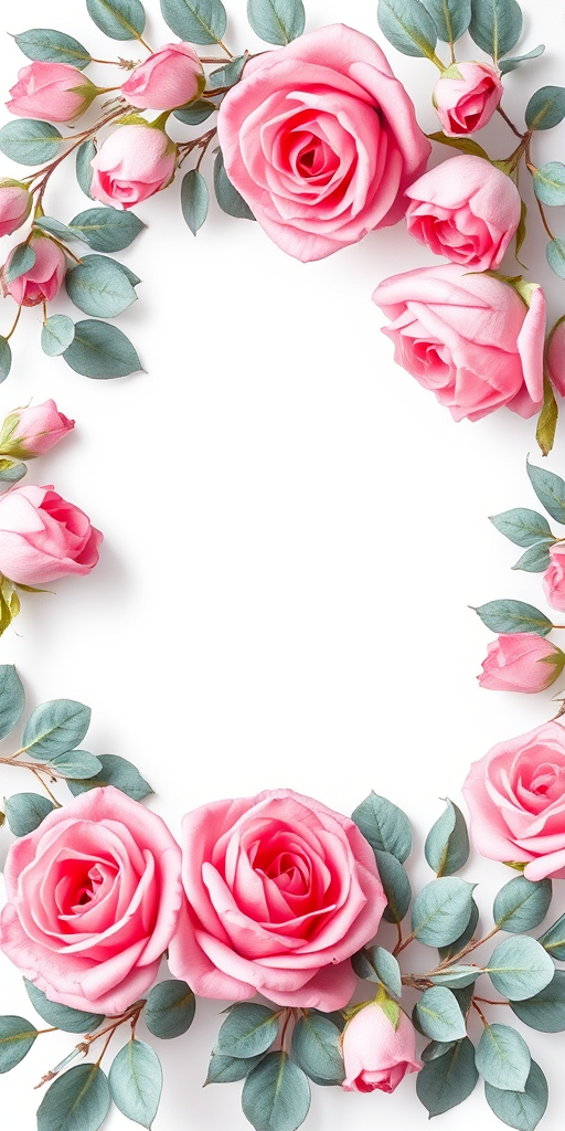 Create a watercolor floral frame featuring pink roses and eucalyptus leaves with a blank center for text, shot with a Canon EOS R5 at f/2.8, 1/125s, ISO 100, in natural light, using a soft focus style.