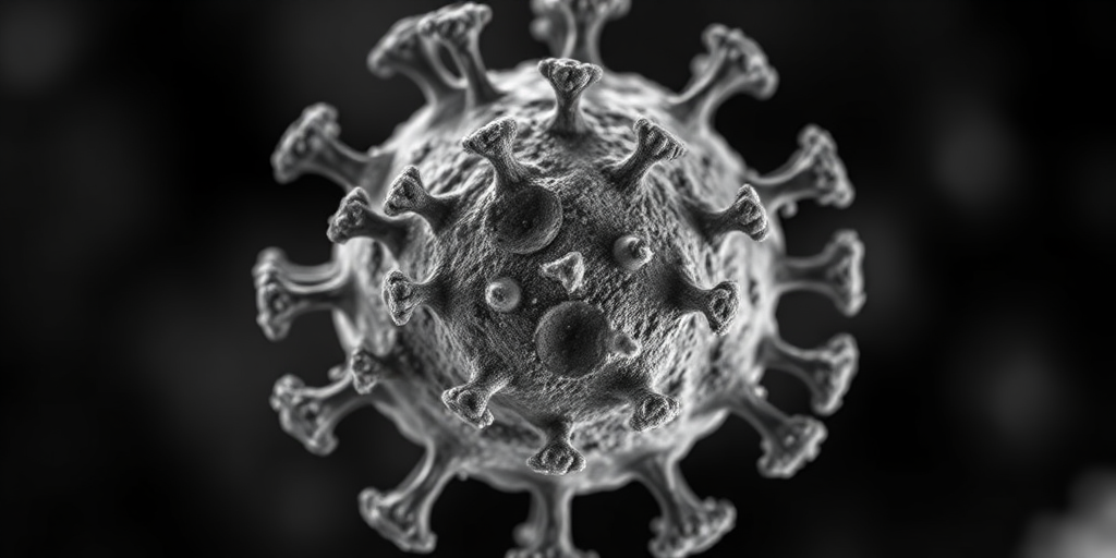 highly detailed close-up of a virus structure, monochrome style, soft focus background, ISO 100, f/11 aperture, 50mm macro lens, natural light, shallow depth of field
