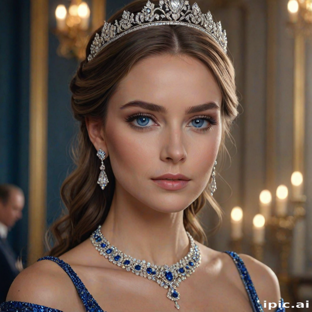 A gorgeous woman in a luxurious blue gown, accessorized with a dazzling tiara and statement earrings, her deep blue eyes highlighted by impeccable makeup, poised in a royal setting, photorealistic, 8K quality