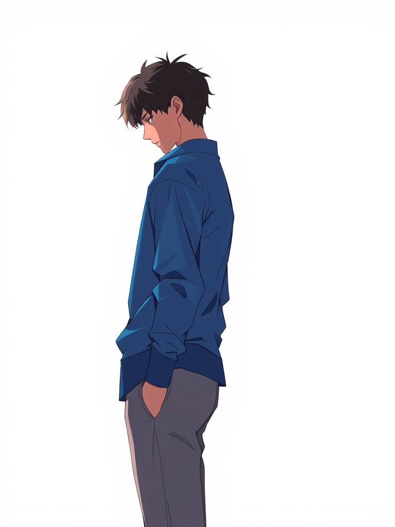 Create a side view illustration of a male character looking down, wearing a blue shirt and grey pants, using a digital art style with high resolution, soft lighting, slight depth of field, and a clean minimalist background to enhance clarity.