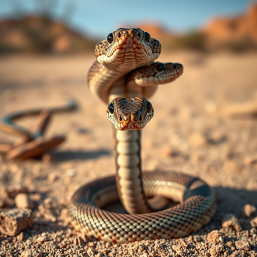 create an image of a multi-headed snake in a desert setting, using a DSLR camera with a 50mm lens, aperture f/2.8, ISO 100, and a shallow depth of field to enhance image quality, captured from a low angle view for dramatic effect