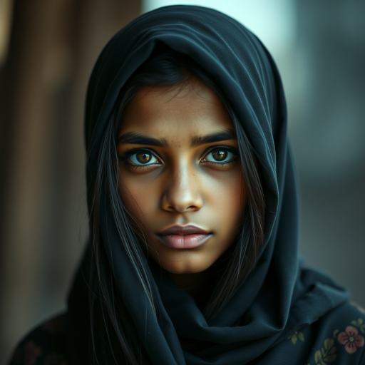 Create a portrait of a young Sri Lankan woman with long, dark hair and captivating hazel eyes. She is wearing a dark headscarf and a matching scarf draped gracefully around her neck. The background is softly blurred, focusing attention on her serene and natural expression. The overall color palette is muted and warm, enhancing the intimate and authentic feel of the portrait.