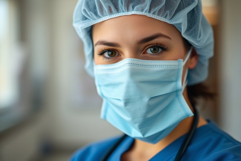 portrait of a healthcare worker in scrubs and protective gear, shallow depth of field, focus on eyes, soft bokeh background, 50mm lens, f/1.8 aperture, ISO 200, natural light, DSLR camera