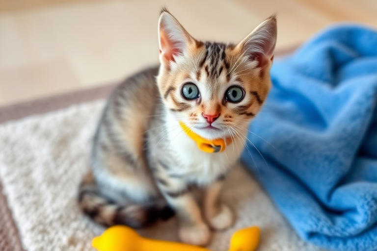 Cute cat with gray and white fur wearing a yellow collar sitting on a soft mat with a blue towel and a yellow toy nearby, looking directly at the camera with a playful expression.