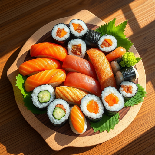 Create a highly detailed digital illustration of a sushi platter with various sushi types including nigiri and maki, placed on a wooden board, using a Canon EOS R5 camera with a 50mm lens at f/2.8, ISO 100, 1/200 sec shutter speed, shot from a top-down perspective with natural light to enhance colors and textures.