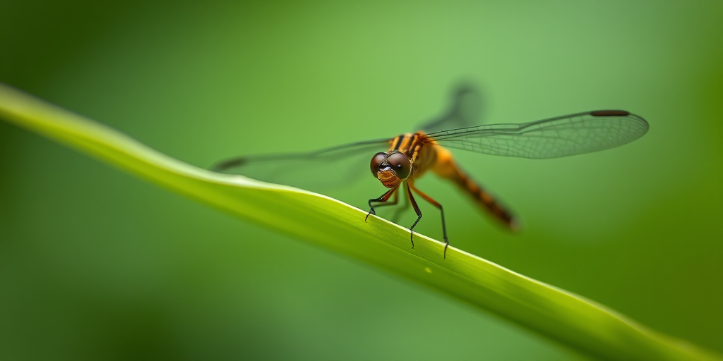 a close-up photograph of a dragonfly perched on a green leaf, soft diffused lighting, macro lens, f/8 aperture, 1/200s shutter speed, ISO 200, taken with a DSLR camera from a slightly elevated angle to emphasize the details in the wings and body