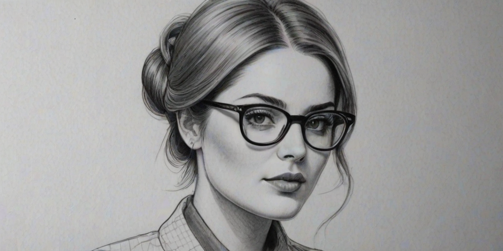 Alluring Alexandra Breckenridge, pencil sketch, portrait of Splendid woman 1969s in glasses, hair style beatnik, outline, clear lines, fine lines, 8k