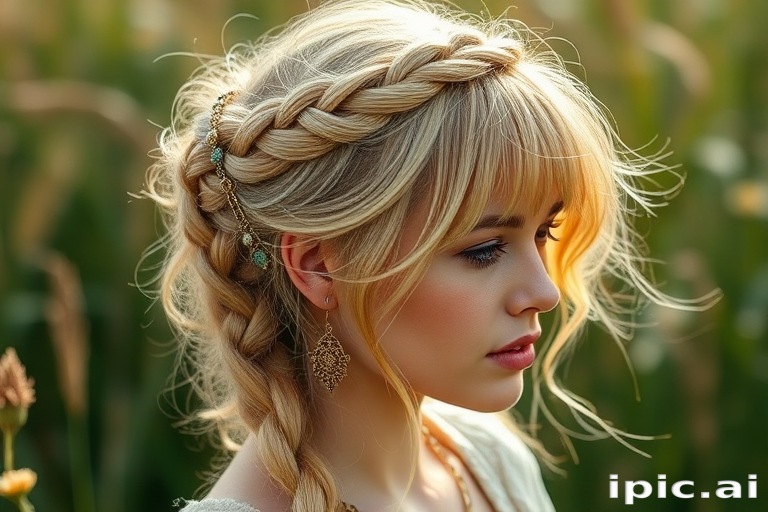 Honey blonde crown braid with wispy bangs and bohemian accessories, named "Sun-Kissed Meadow," boasting a ethereal, nature-inspired look with floral accents