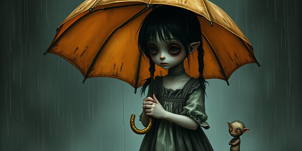An eerie, weird little girl with dark hair in thin pigtails, wearing a smock dress, standing in the rain, holding a dirty orange umbrella, a small, odd creature beside her. In a surreal style inspired by Nicoletta Ceccoli and Brian Froud. Dark fantasy themes