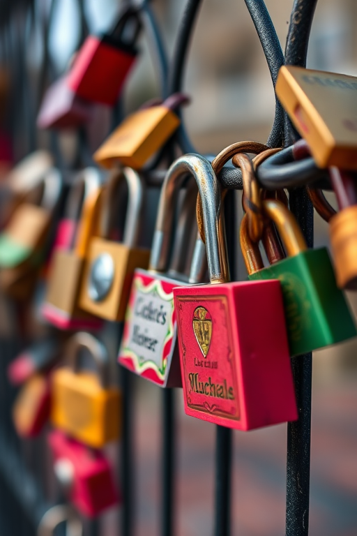 Close-up shot of colorful padlocks on a fence with intricate designs, shallow depth of field, f/2.8 aperture, 50mm lens, natural lighting, DSLR camera, ISO 200, 1/500s shutter speed.