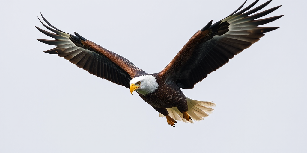 high-resolution image of a bald eagle in mid-flight, capturing intricate feather details and a dynamic pose, natural lighting, shot with a Canon EOS-1D X Mark III, f/5.6 aperture, ISO 400, shutter speed 1/2000 sec, 300mm lens, cropped for a clean background
