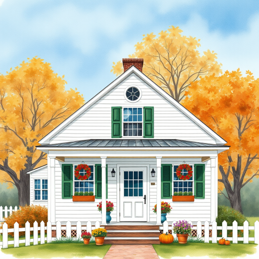 a white farmhouse with green shutters, vintage feel, blue sky, trees in autumn color, leaves slightly blowing in the breeze, colorful autumn flowers in pots on the front porch of the farmhouse, watercolor