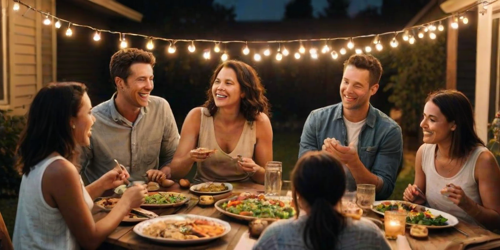 Warmly lit image of friends sharing a potluck dinner under the stars, soft glow from string lights casting warm shadows, the smell of grilled vegetables and laughter filling the air.
