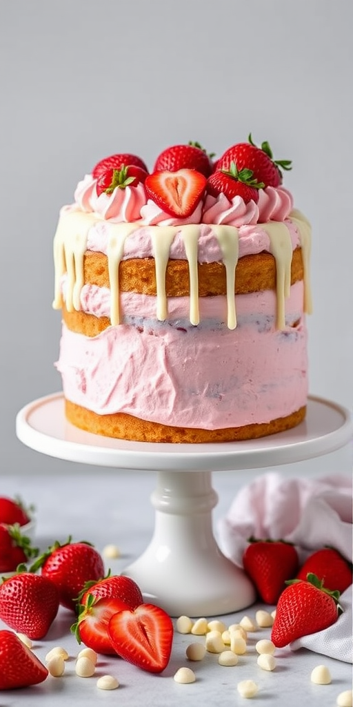 A delicious layered cake with pink frosting, topped with fresh strawberries and drizzled white chocolate, presented on a white cake stand with strawberries and white chocolate chips scattered around, against a light gray background.