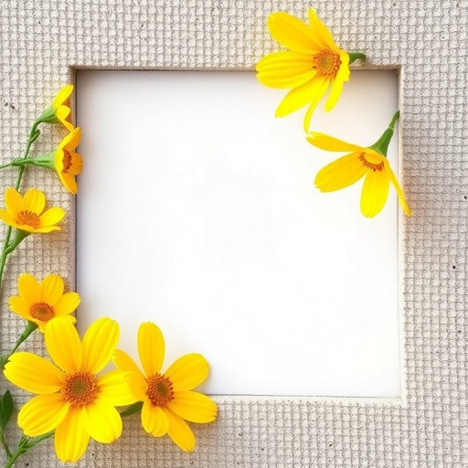 Generate an image of a textured frame with vibrant yellow flowers on the left side, using a 50mm lens at f/2.8 aperture, captured from a slight top-down view in natural light with a DSLR camera for high detail and clarity.