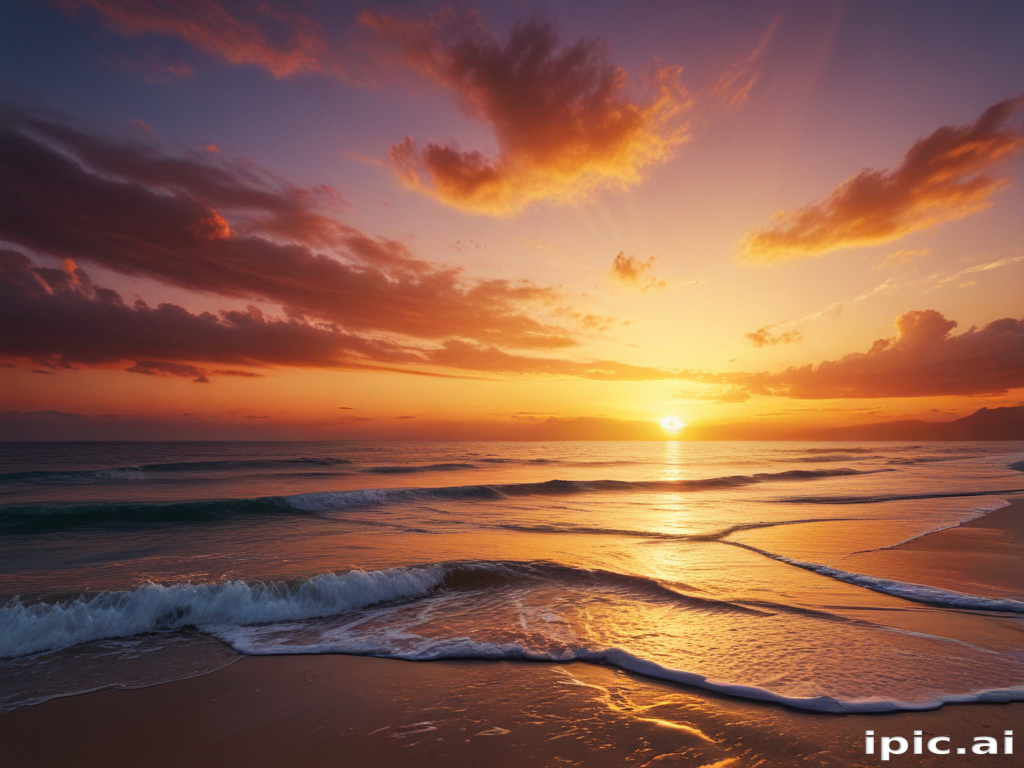 Serene Sunset Over Tranquil Ocean Waves with Colorful Sky Reflections