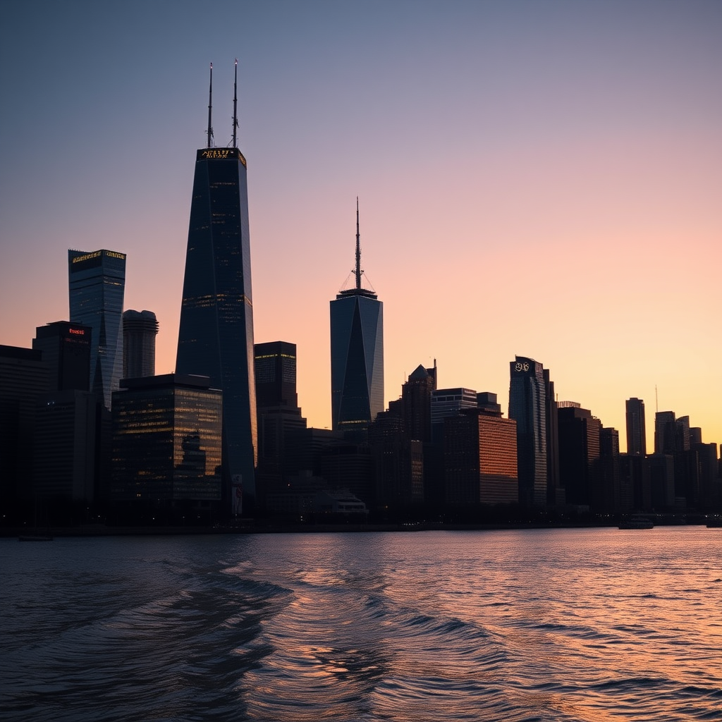 Capture a high-detailed silhouette of a city skyline at dusk, using a full-frame DSLR camera with an 85mm f/1.4 lens, ISO 200, aperture f/8, and a shutter speed of 1/60 seconds for optimal clarity and depth.