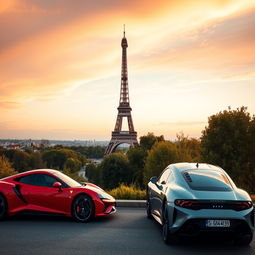 Create a high-resolution landscape image featuring a scenic view of the Eiffel Tower in the background with two luxury cars parked in the foreground, captured with a DSLR camera at f/8 aperture, ISO 100, 24mm focal length, shot during golden hour for warm lighting and enhanced colors.