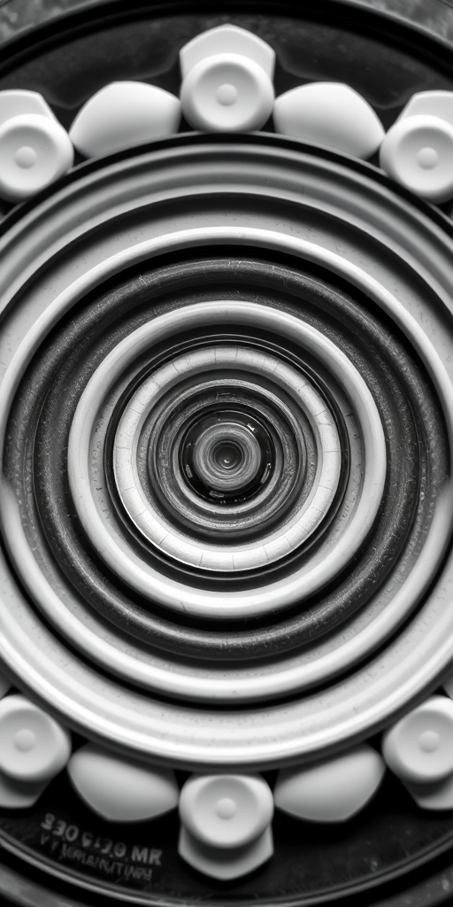 create an intricate geometric pattern featuring concentric circles with varying sizes, high contrast monochrome palette, sharp focus, macro lens, 50mm f/1.8, ISO 100, aperture priority mode, top-down view, natural light
